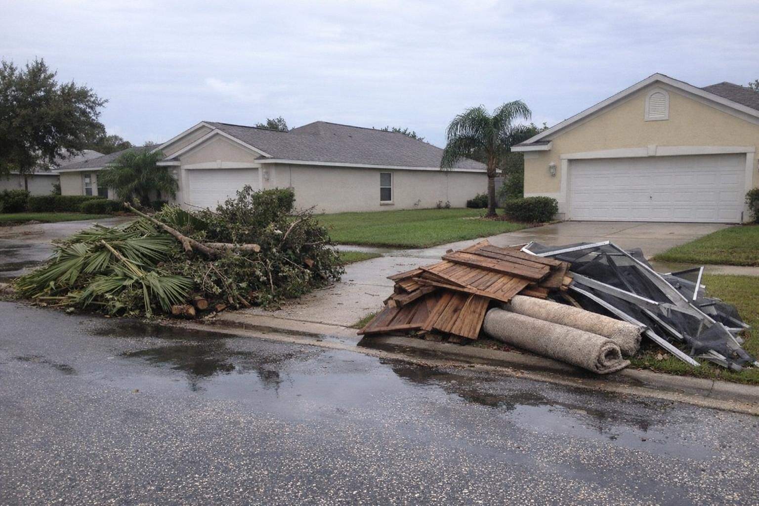 Two separate curbside piles after a hurricane, palm fronds and oak limbs in one and fence panels and screen frames in the other