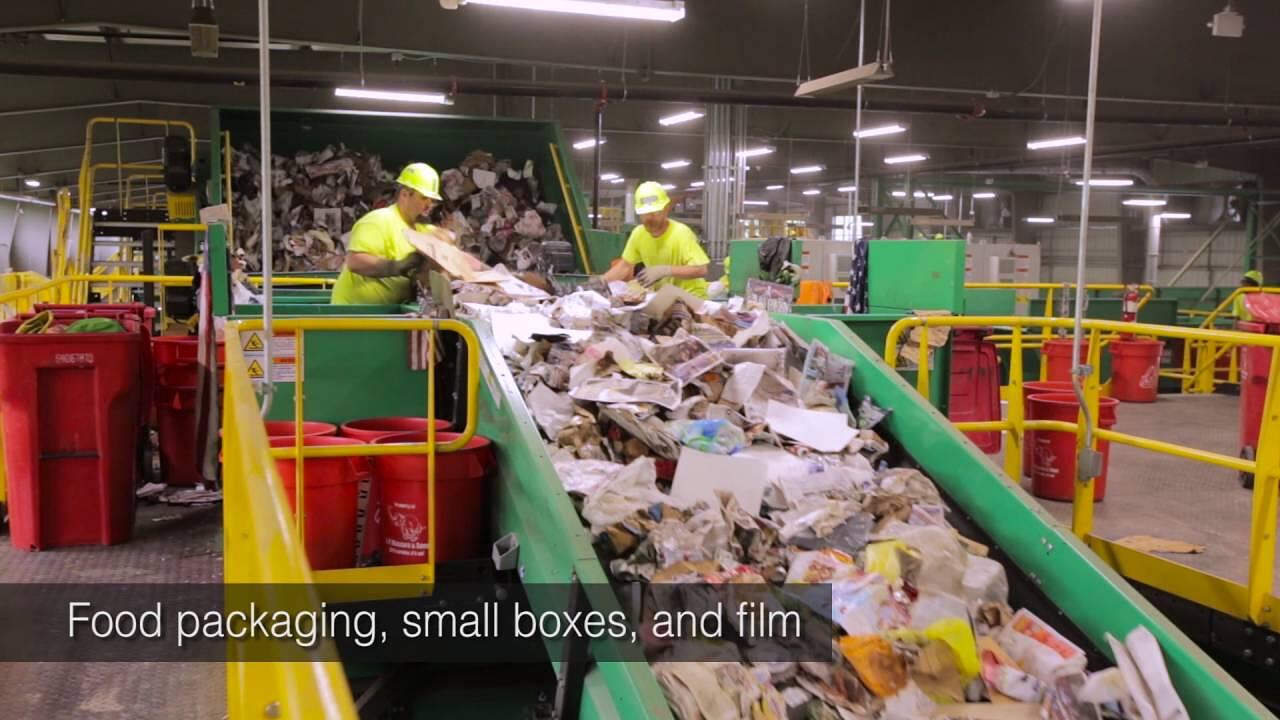 A material recovery facility sorting single-stream recycling