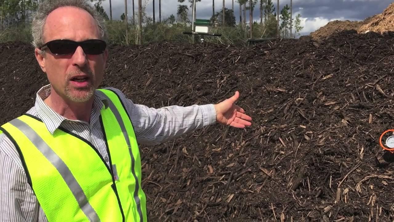Limbs and leaves being ground at a compost facility