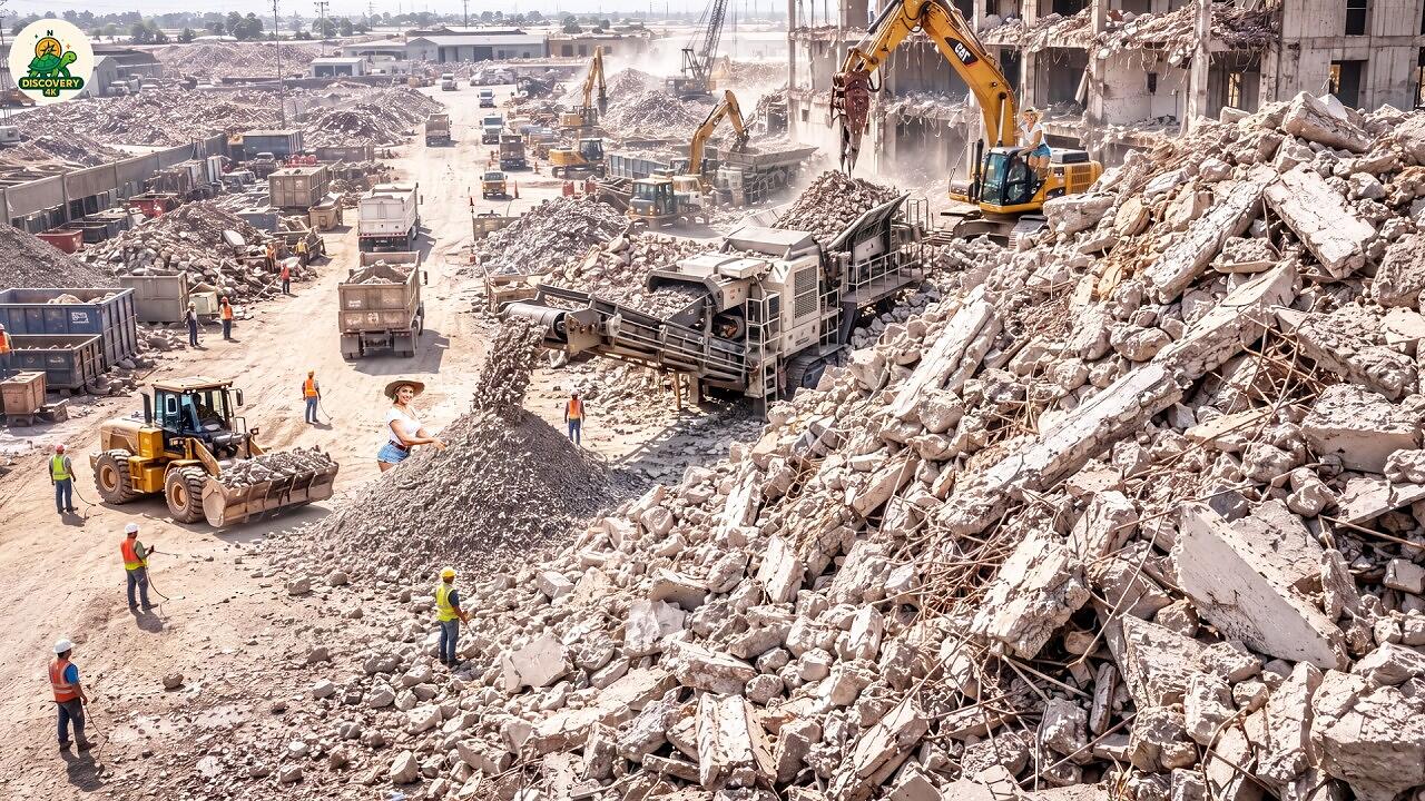 Construction debris being sorted at a recycling facility