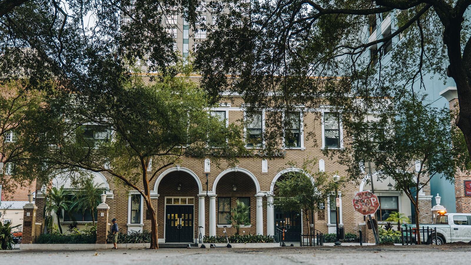 A brick street under live oaks in Winter Park